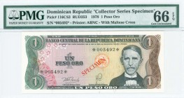 DOMINICAN REPUBLIC: Specimen of 1 Peso Oro (1978) in black, dark green and dark brown on multicolor unpt with J P Duarte at right and orange seal at l...