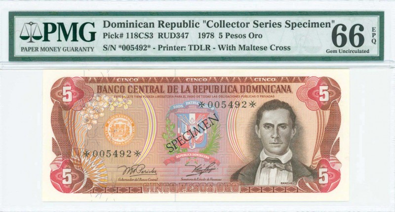 DOMINICAN REPUBLIC: Specimen of 5 Pesos Oro (1978) in deep brown, red-brown and ...