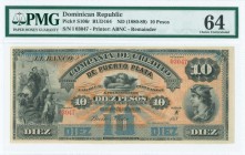 DOMINICAN REPUBLIC: 10 Pesos (ND 1880-89) remainder banknote in black on orange and blue unpt with Christopher Columbus in sight of land at left, Raph...