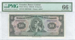 ECUADOR: 10 Sucres (1966) in black on multicolor unpt with portrait of Sebastian de Benalcazar at center, different guilloches and ornate background. ...