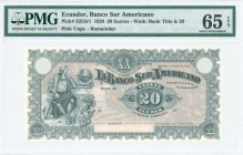 ECUADOR: 20 Sucres (2.1.1920) remainder banknote in black on pink unpt with seated Christopher Columbus with anchor, globe and Arms at left. WMK: Bank...