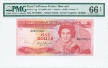 EAST CARIBBEAN STATES: 1 Dollar (ND 1985-88) in red on multicolor unpt with windsurfer at left and Queen ELizabeth II at center right. Suffix Letter "...