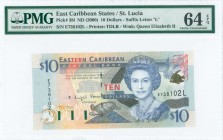 EAST CARIBBEAN STATES: 10 Dollars (ND 2000) in blue and black on multicolor unpt with portrait of Queen Elizabeth II at center right, turtle at lower ...