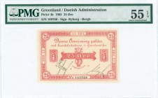 GREENLAND: 25 Ore (1905) in red with polar bear in shield at left and right. S/N: "109766". Inside holder by PMG "About Uncirculated 55 - EPQ". (Pick ...