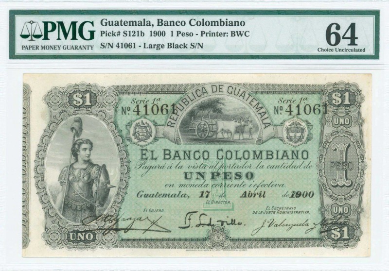 GUATEMALA: 1 Peso (17.4.1900) in black on green unpt with standing soldier in ar...