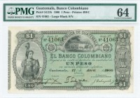 GUATEMALA: 1 Peso (17.4.1900) in black on green unpt with standing soldier in armor with shield and spear with Liberty cap at left and small Arms of G...