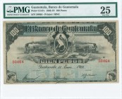 GUATEMALA: 100 Pesos (11.1.1909) in black on blue unpt with womans head at lower left and right corners and Arms between steam passenger trains at upp...