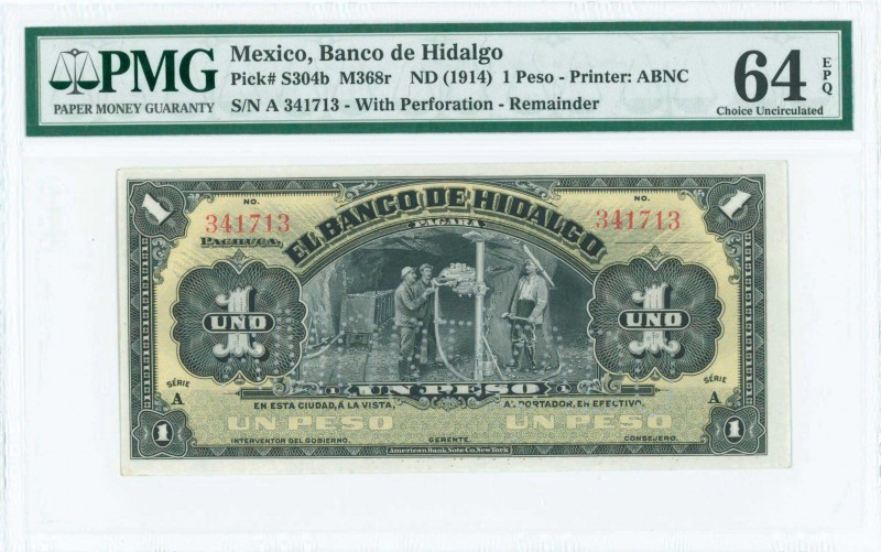 MEXICO: 1 Peso (ND 1914) remainder banknote in black on blue and yellow unpt wit...