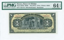 MEXICO: 1 Peso (ND 1914) remainder banknote in black on blue and yellow unpt with mining scene at center. S/N: A 341713. Series A. Perforated "AMORTIZ...