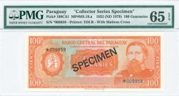 PARAGUAY: Specimen of 100 Guaranies (Law 1952 - ND 1979) in orange on multicolor unpt with General Jose E Diaz at right and Arms at left. Black S/N "0...