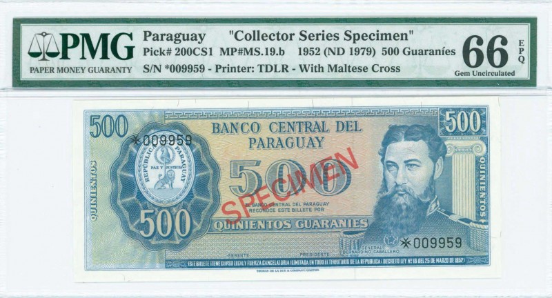 PARAGUAY: Specimen of 500 Guaranies (Law 1952 - ND 1979) in blue-gray on multico...