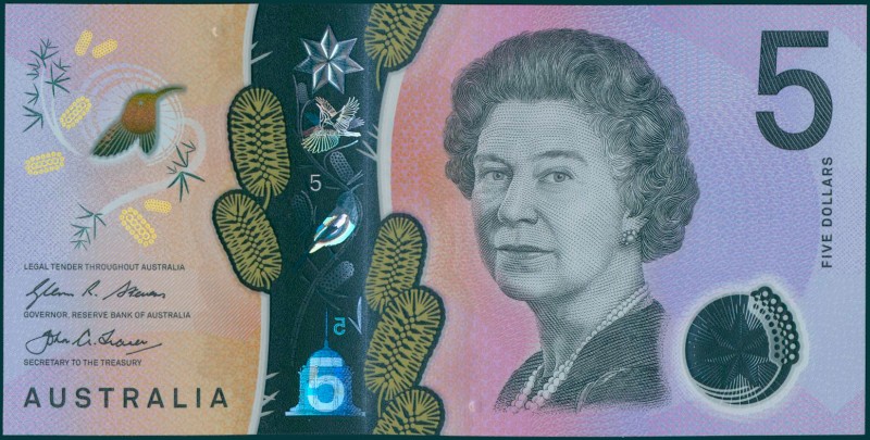 AUSTRALIA: 2 x 5 Dollars (2016) in multicolor with Queen Elizabeth II at center ...