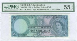 FIJI: 5 Shillings (1.9.1964) in gray-blue on lilac, green and blue unpt with Arms at upper center and portrait of Queen Elizabeth II at right. S/N: "C...