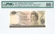 NEW ZEALAND: 1 Dollar (ND 1977-81) in brown on multicolor unpt with Queen Elizabeth II at right. S/N: "K27 498743". WMK: Capt James Cook. Printed by T...