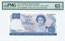 NEW ZEALAND: 10 Dollars (ND 1981-92) in blue on multicolor unpt with mature portrait of Queen Elizabeth II at right. S/N: "NAA 000693". WMK: Capt Jame...