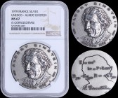FRANCE: Silver medal (1979) commemorating the centenary of Albert Einsteins birth. Obv: Portrait of the scientist in his later years. Rev: A silhouett...