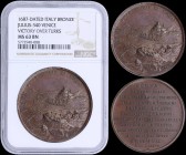 ITALY: Bronze medal (1687) commemorating victory over the Turks in Patras. Obv: The contested fortresses, galleys and small boats all around, ground t...