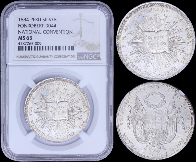 PERU: Silver medal (1834) struck for the National Convention in Lima. Inside sla...