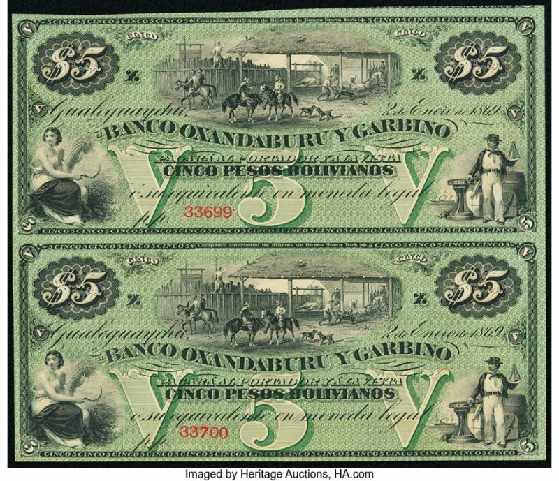 Argentina Banco Oxandaburu y Garbino 5 Pesos Bolivianos 2.1.1869 Pick S1784r Unc...