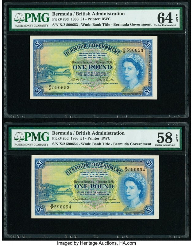Bermuda Bermuda Government 1 Pound 1.10.1966 Pick 20d Two Consecutive Examples P...