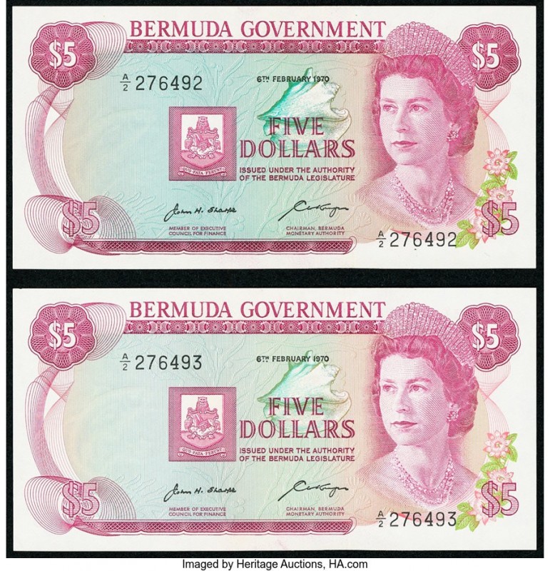 Bermuda Bermuda Government 5 Dollars 1970 Pick 24a Two Consecutive Examples Cris...