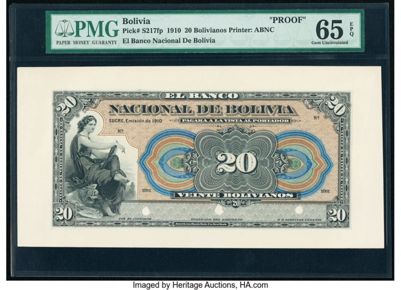 Bolivia Banco Nacional de Bolivia 20 Bolivianos 1910 Pick S217fp Proof PMG Gem U...