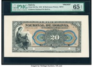 Bolivia Banco Nacional de Bolivia 20 Bolivianos 1910 Pick S217fp Proof PMG Gem Uncirculated 65 EPQ. Punch hole cancelled with 3 punch holes. 

HID0980...