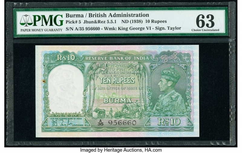 Burma Reserve Bank of India 10 Rupees ND (1938) Pick 5 Jhun5.5.1 PMG Choice Unci...