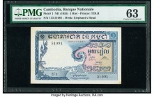 Cambodia Banque Nationale du Cambodge 1 Riel ND (1955) Pick 1 PMG Choice Uncirculated 63. Minor stains.

HID09801242017

© 2020 Heritage Auctions | Al...
