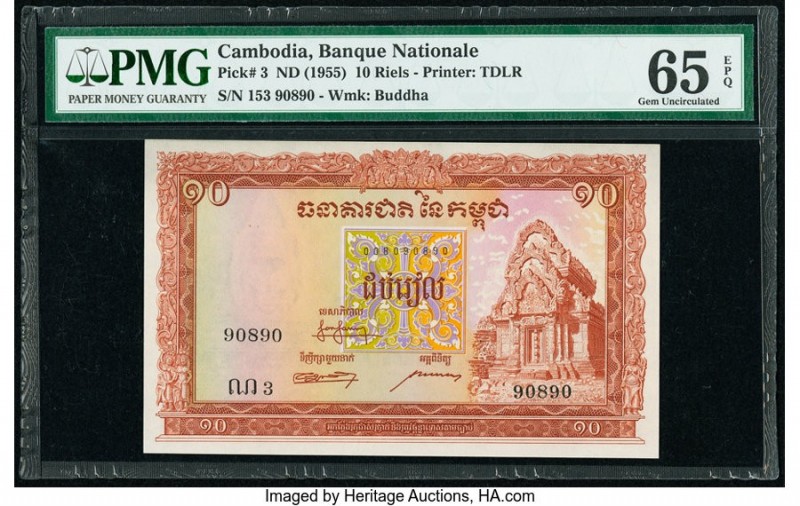 Cambodia Banque Nationale du Cambodge 10 Riels ND (1955) Pick 3 PMG Gem Uncircul...