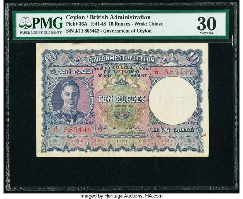 Ceylon Government of Ceylon 10 Rupees 4.8.1943 Pick 36A PMG Very Fine 30. Minor ...