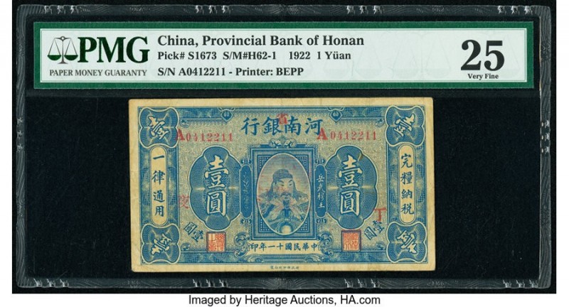 China Provincial Bank of Honan 1 Yuan 1922 Pick S1673 S/M#H62-1 PMG Very Fine 25...