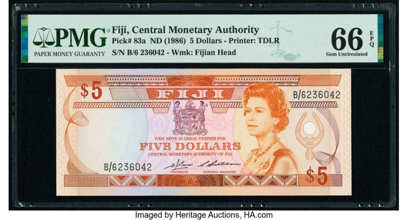 Fiji Central Monetary Authority 5 Dollars ND (1986) Pick 83a PMG Gem Uncirculate...