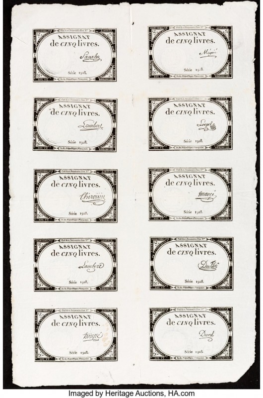 France Republique Francaise 5 Livres ND (1793) Pick A76 Sheet of 10 Very Fine-Ex...