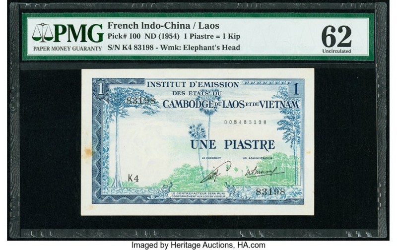 French Indochina Institut d'Emission des Etats, Laos 1 Piastre = 1 Kip ND (1954)...