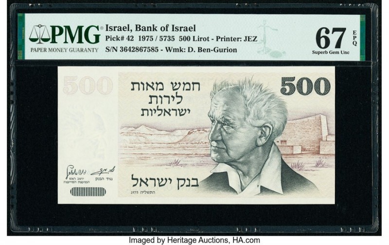 Israel Bank of Israel 500 Lirot 1975 / 5735 Pick 42 PMG Superb Gem Unc 67 EPQ. 
...