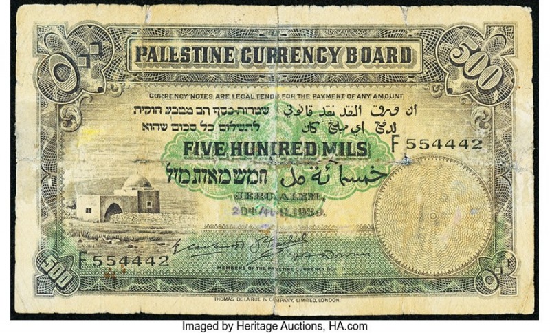 Palestine Palestine Currency Board 500 Mils 20.4.1939 Pick 6c Good. Repairs and ...