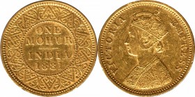 Gold One Mohur Coin of Victoria Empress of Calcutta Mint of 1881.