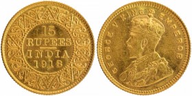 Gold Fifteen Rupees Coin of King George V of Bombay Mint of 1918.