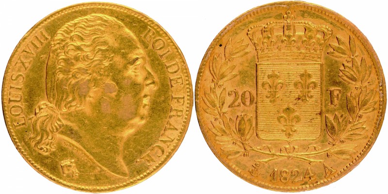 France
Francs 20
France, Louis XVIII (1814-1824 AD), Gold 20 Francs, 1824 A, P...