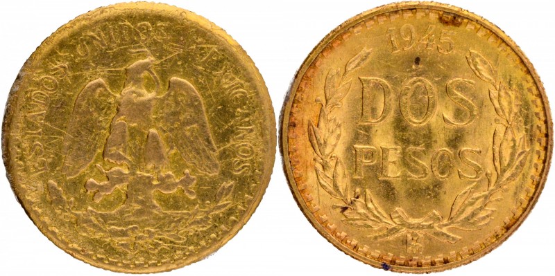 Mexico
Mexico, Gold 2 Pesos, 1945 M, Obv: Mexican national symbol of an eagle e...