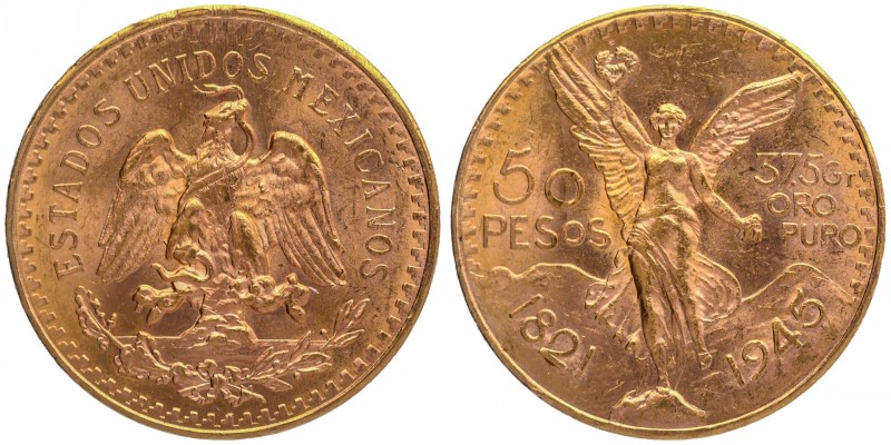 Mexico
Pesos 50
Mexico, Gold 50 Pesos, 1945, Obv: Mexican national symbol of a...