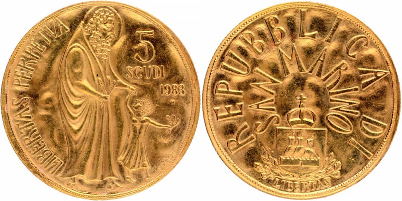 San Marino
San Marino, Gold 5 Scudi, Commemorative Issue, 1983 R, Obv: a standi...
