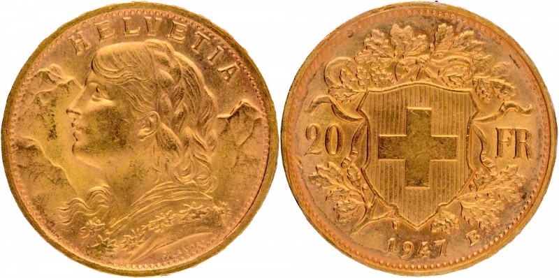 Switzerland 
Francs 20
Switzerland, Gold 20 Francs, 1947 B, Bern Mint, Obv: a ...