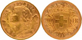 Gold Twenty Francs Coin of Switzerland of 1947.