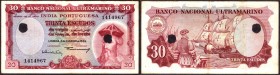 Cancelled Thirty Escudos Note of Banco Nacional Ultramarino of Indo Portuguese of 1959.