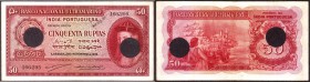 Cancelled Fifty Rupias Bank Note of Banco Nacional Ultramarino of Indo Portuguese of 1945.