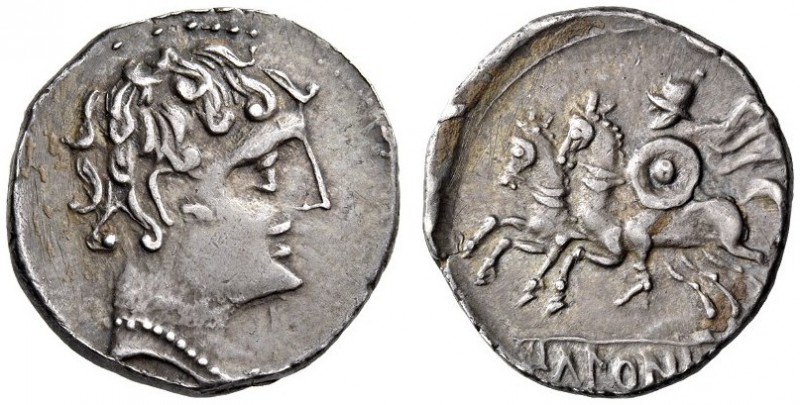 SPAIN, Ikalesken. Circa 150-100 BC. Denarius (Silver, 18mm, 4.04 g 5). Youthful ...