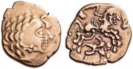 GAUL, Northeast. The Aulerci Cenomani. 2nd Century BC. Stater (Electrum, 19mm, 7.37 g 4). Stylized laureate head of Apollo to right, with ornament on ...