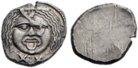 ETRURIA, Populonia. 3rd century BC. 20 Asses (Silver, 20mm, 8.36 g), The ‘Second Metus Group’. Diademed and facing head of Metus, with protruding tong...